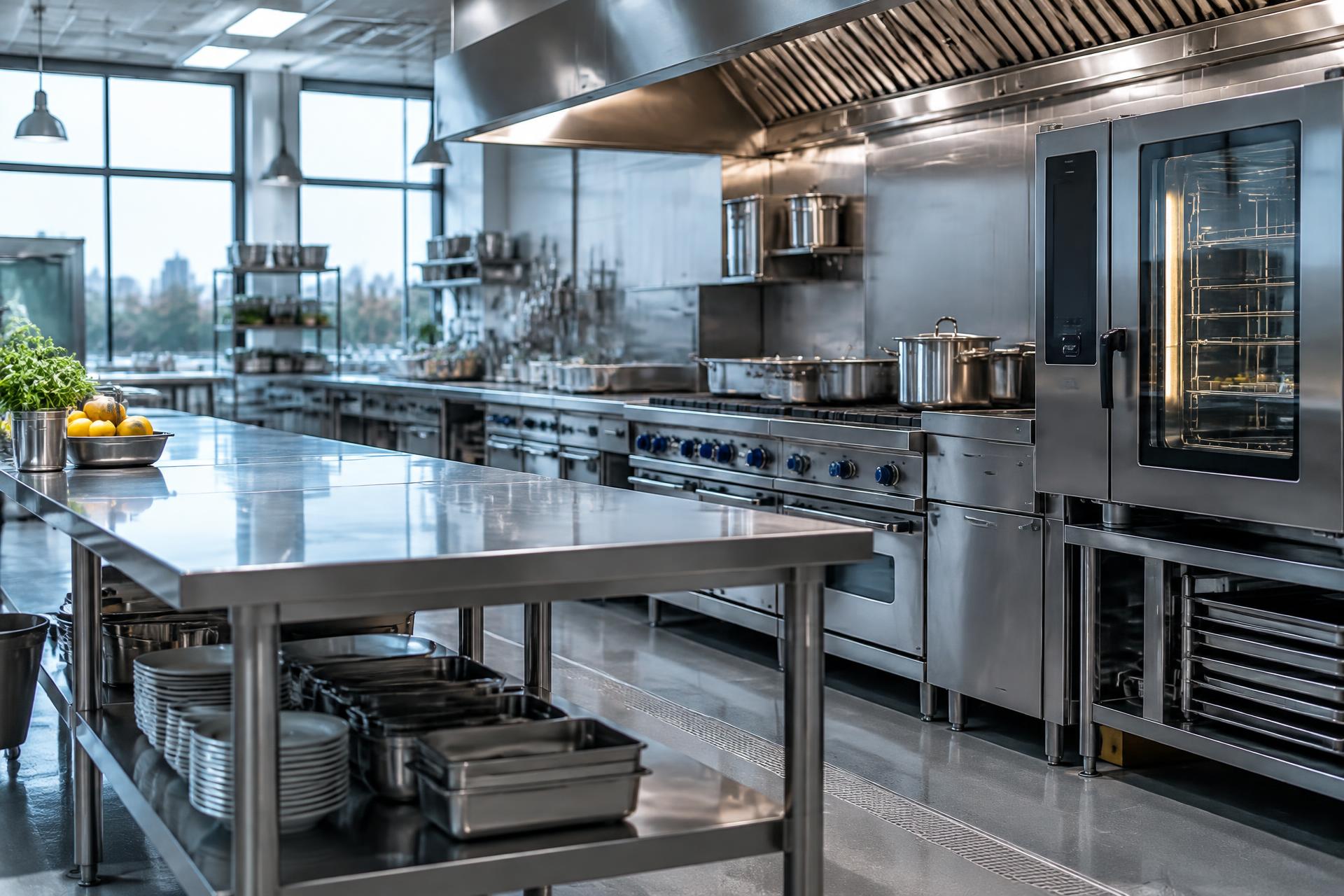 Cozinha profissional equipada com equipamentos em aço inoxidável